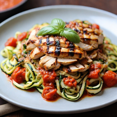 Zucchini Noodles with Tomato and Basil Sauce, topped with Grilled Chicken
