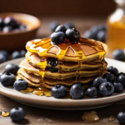 Whole Grain Pancake with Blueberries and a Drizzle of Honey