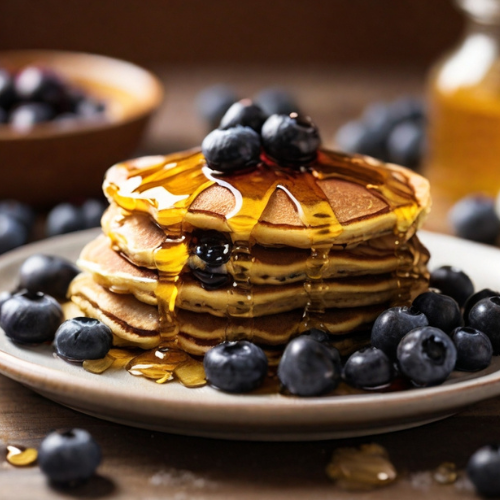 Whole Grain Pancake with Blueberries and a Drizzle of Honey