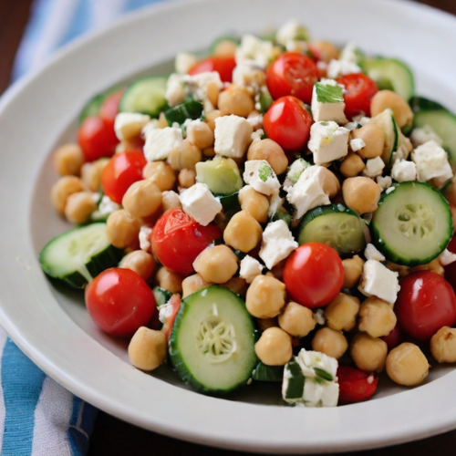 Chickpea Salad with Cucumber, Cherry Tomatoes, and Feta Cheese
