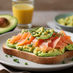 Scrambled Eggs with Smoked Salmon and Avocado on Whole Grain Toast