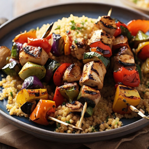 Grilled Vegetable and Chicken Kabobs with a Side of Couscous