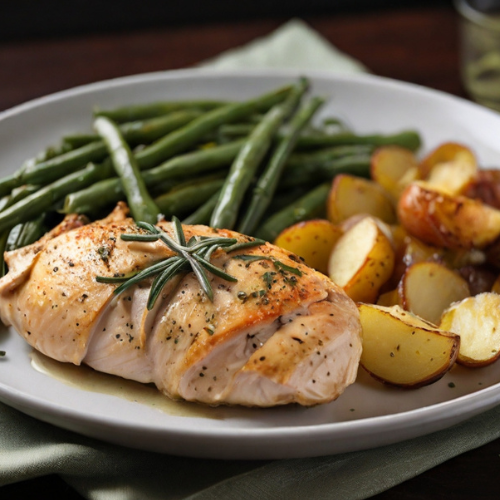 Baked Chicken Breast with Rosemary Roasted Potatoes and Steamed Green Beans