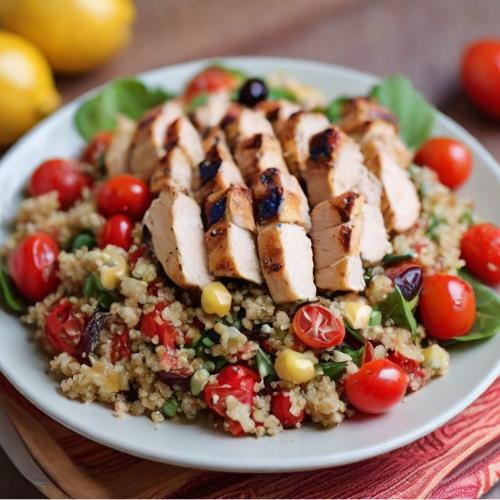 Quinoa Salad with Grilled Chicken, Cherry Tomatoes, and Lemon-Tahini Dressing