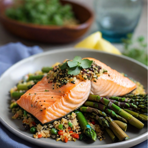 Baked Salmon with Asparagus and Quinoa Pilaf