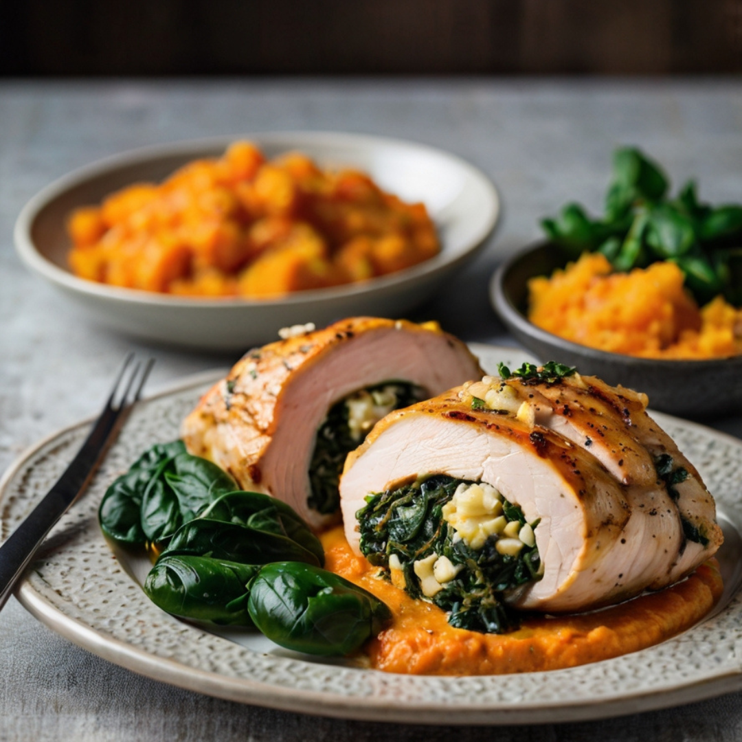 Spinach and Feta Stuffed Chicken Breast with Sweet Potato Mash