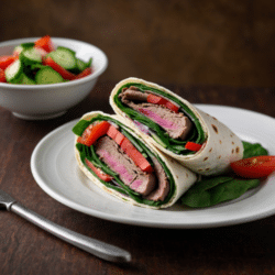 Low-Carb Roast Beef Spinach Wraps with Cucumber and Tomato Salad