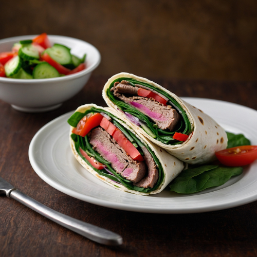 Low-Carb Roast Beef Spinach Wraps with Cucumber and Tomato Salad