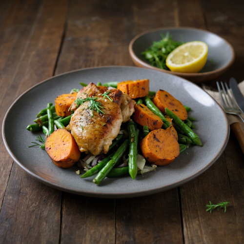 Lemon Dill Chicken Thighs with Roasted Sweet Potato and Green Bean Salad