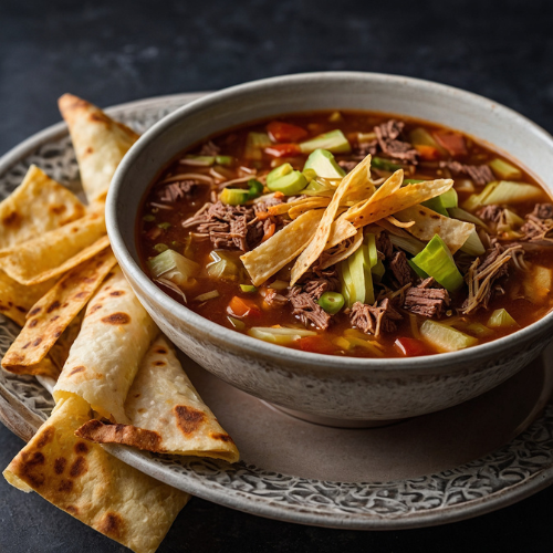 Southwestern Beef and Cabbage Soup with Baked Tortilla Strips