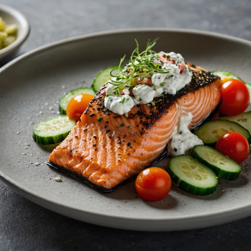 Greek-Style Salmon with Tzatziki and Cucumber Tomato Salad