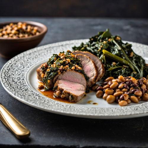 Herb-Crusted Pork Tenderloin with Sautéed Collard Greens and Black-Eyed Peas