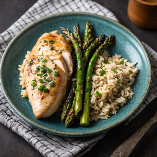 Creamy Chive Chicken with Brown Rice and Roasted Asparagus