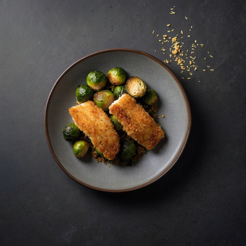 Panko-crusted Perch with brussels sprouts