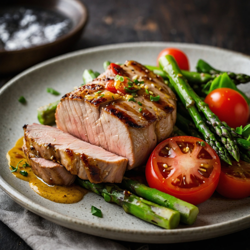 Honey Mustard Pork Tenderloin with Asparagus and Tomato Salad