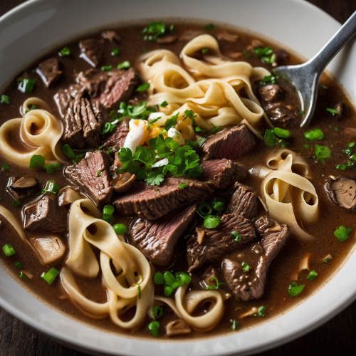 Savory Beef and Mushroom Soup with Egg Noodles and Mixed Green Salad