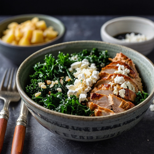 Kale and grain chicken bowl topped with goat cheese in a white bowl