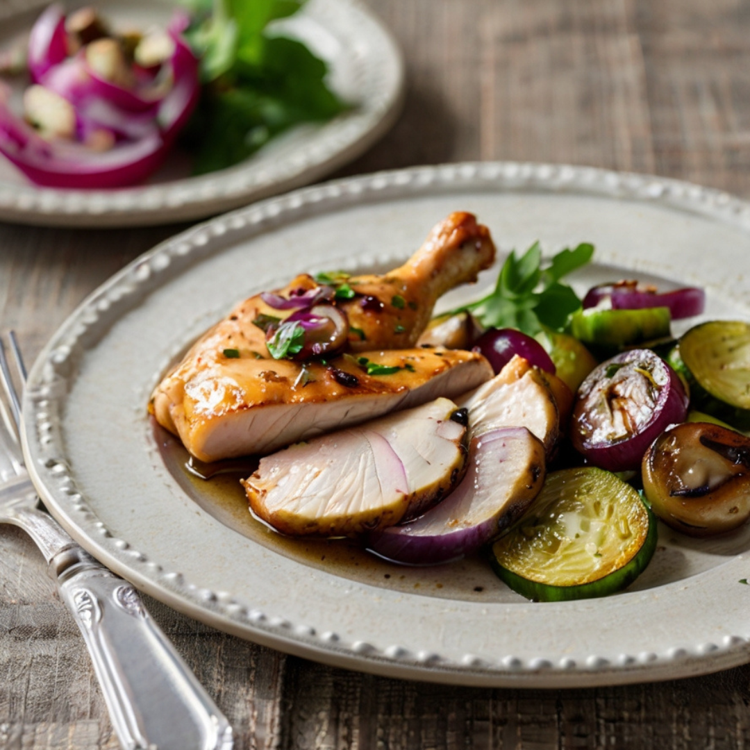 Herb-Roasted Chicken Thighs with Sautéed Zucchini and Mushrooms