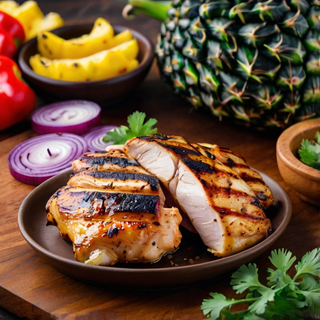 Lime-Mint Grilled Chicken Thighs with Pineapple Salsa and Roasted Veggies