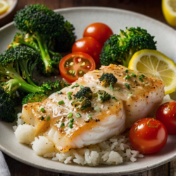 Creamy Lemon Garlic Cod with Steamed Rice & Veggies