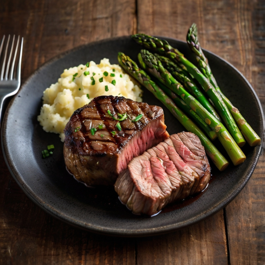 Grilled Sirloin Steak with Garlic Mashed Red Potatoes and Asparagus