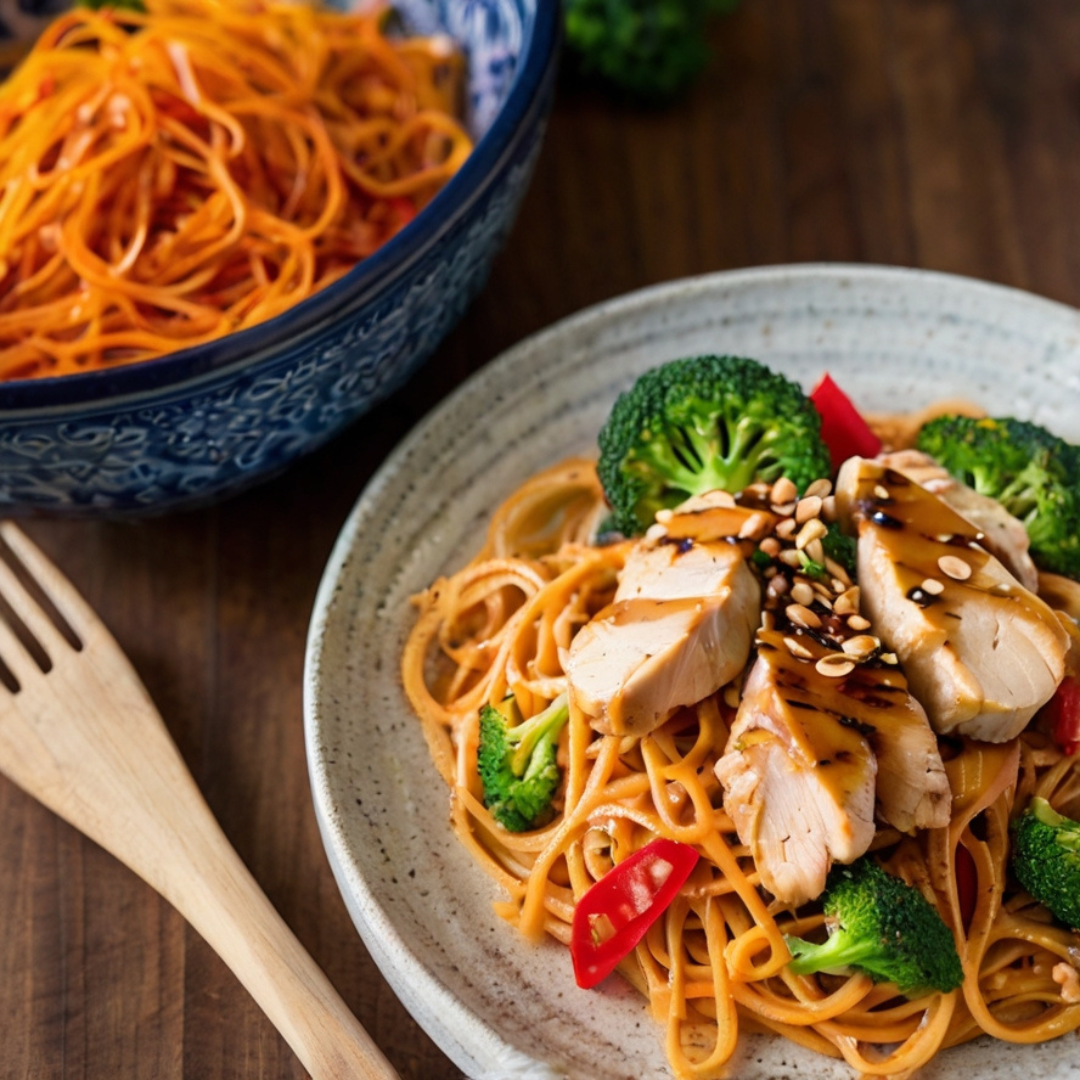 Thai-Inspired Chicken with Peanut Sauce and Spiralized Butternut Squash