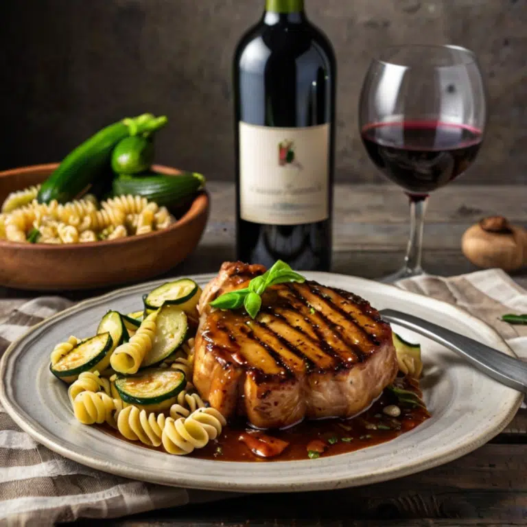 Balsamic Pork Chops with Garlic Zucchini and Egg Noodles