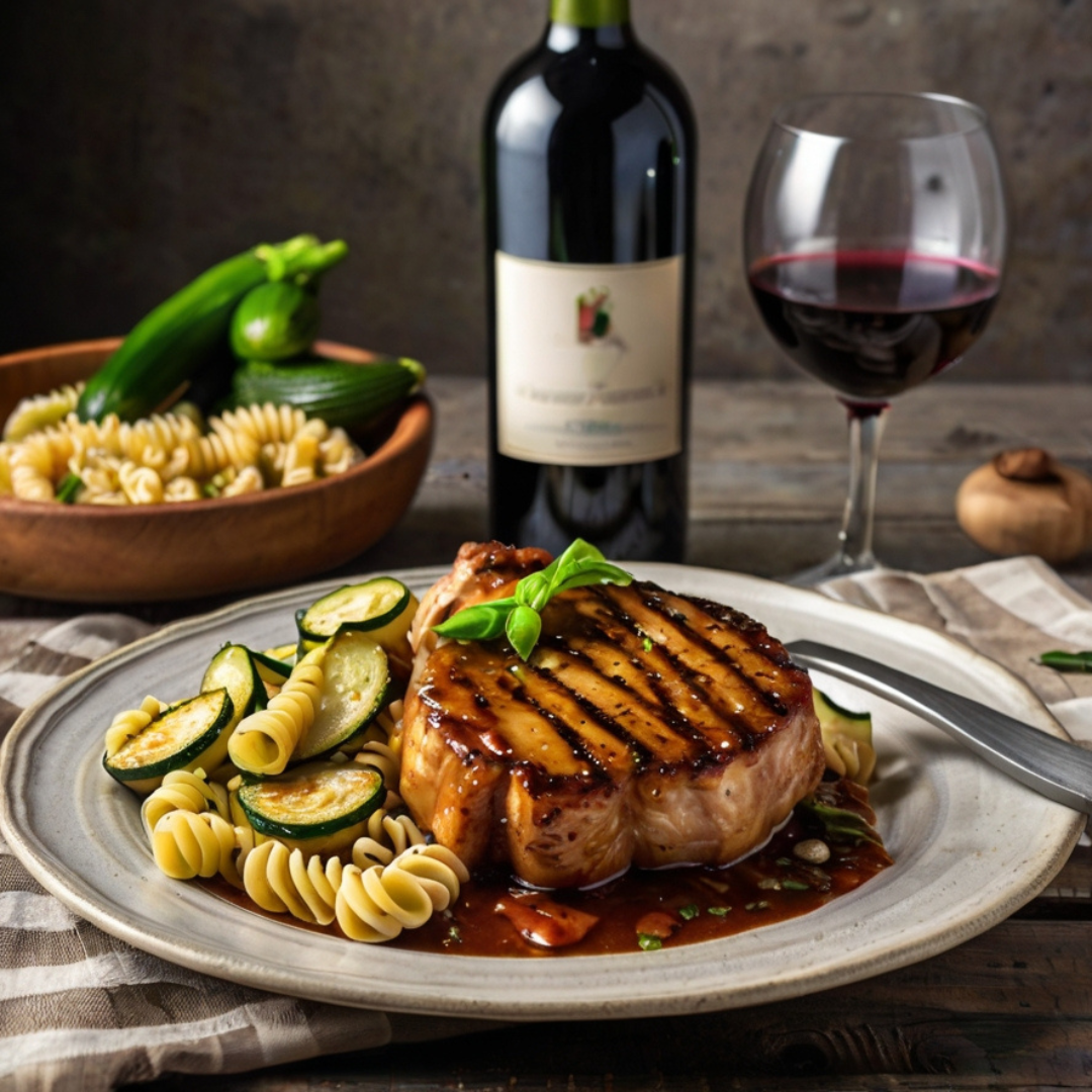 Balsamic Pork Chops with Garlic Zucchini and Egg Noodles