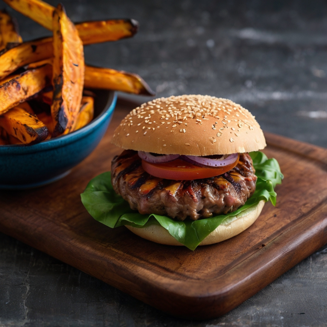 Smoky Beef Burgers with Sweet Potato Fries