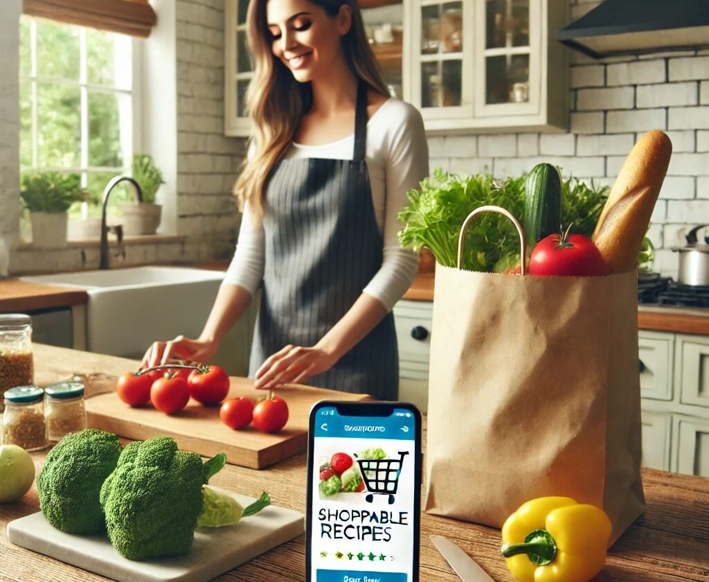Fresh ingredients in a grocery cart with a digital recipe, representing shoppable recipes for healthy eating