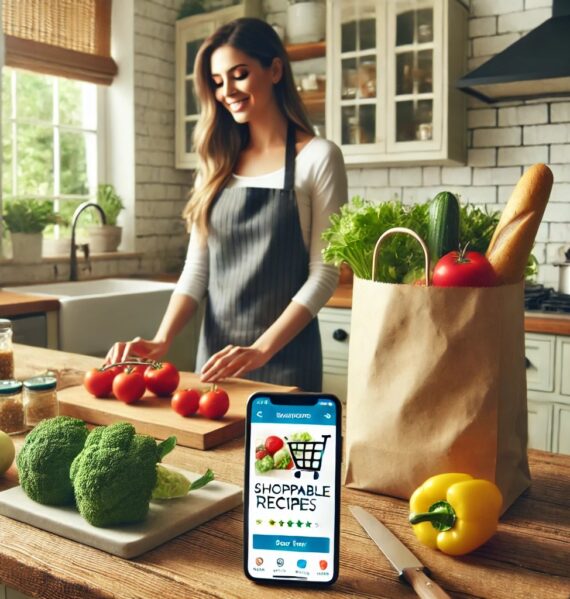 Fresh ingredients in a grocery cart with a digital recipe, representing shoppable recipes for healthy eating