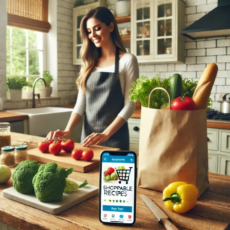 Fresh ingredients in a grocery cart with a digital recipe, representing shoppable recipes for healthy eating