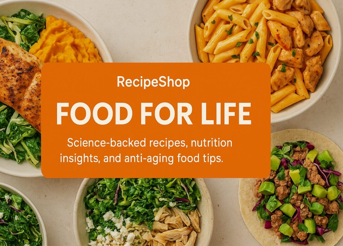Healthy aging blog header featuring low sodium, blood sugar-balanced recipe dishes