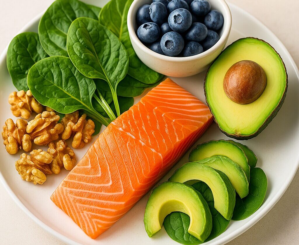 Brain and mood boosting foods including salmon, avocado, blueberries, and greens on a plate