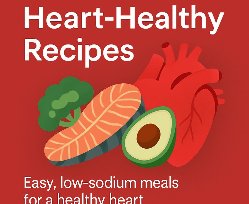 Digital graphic promoting heart-healthy recipes with vibrant, nutrient-rich foods for cardiovascular wellness