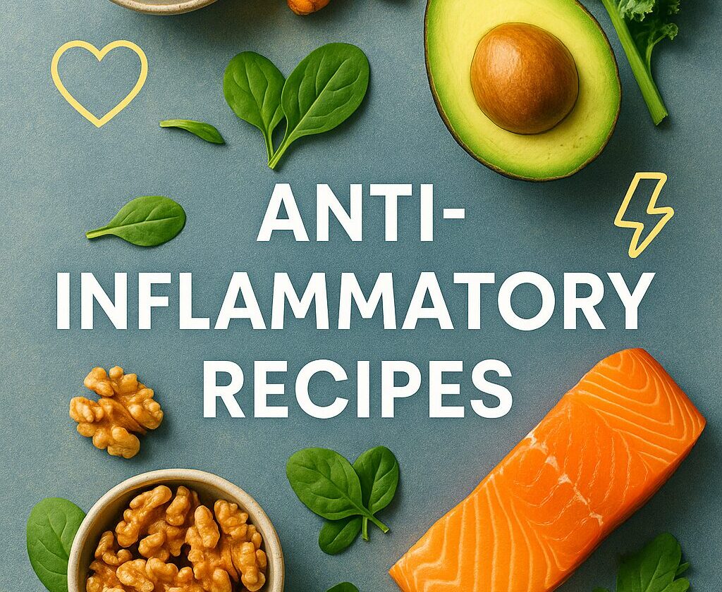 Colorful flat lay of anti-inflammatory foods including berries, leafy greens, seeds, and salmon promoting healing and vibrant energy