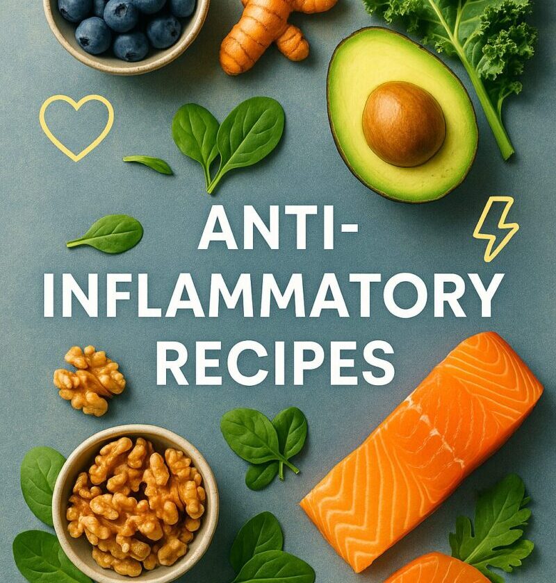 Colorful flat lay of anti-inflammatory foods including berries, leafy greens, seeds, and salmon promoting healing and vibrant energy