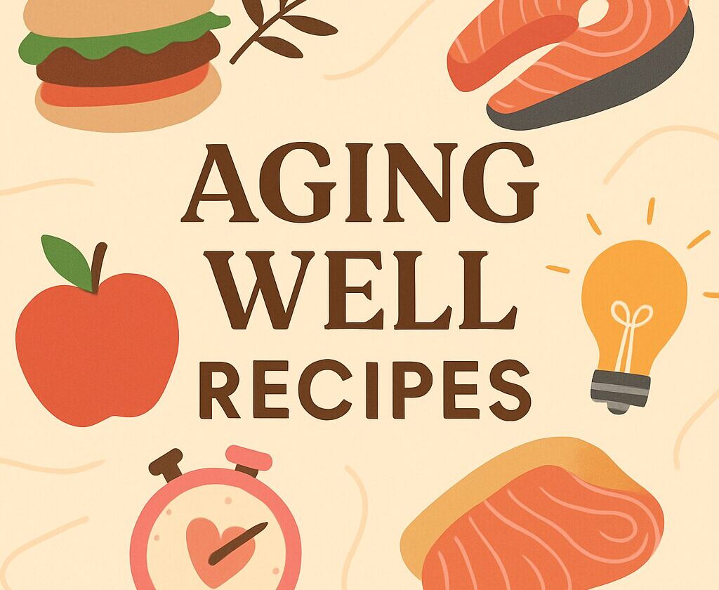 Digital illustration promoting anti-aging recipes with vibrant, nutrient-rich foods for energy, heart health, and brain vitality