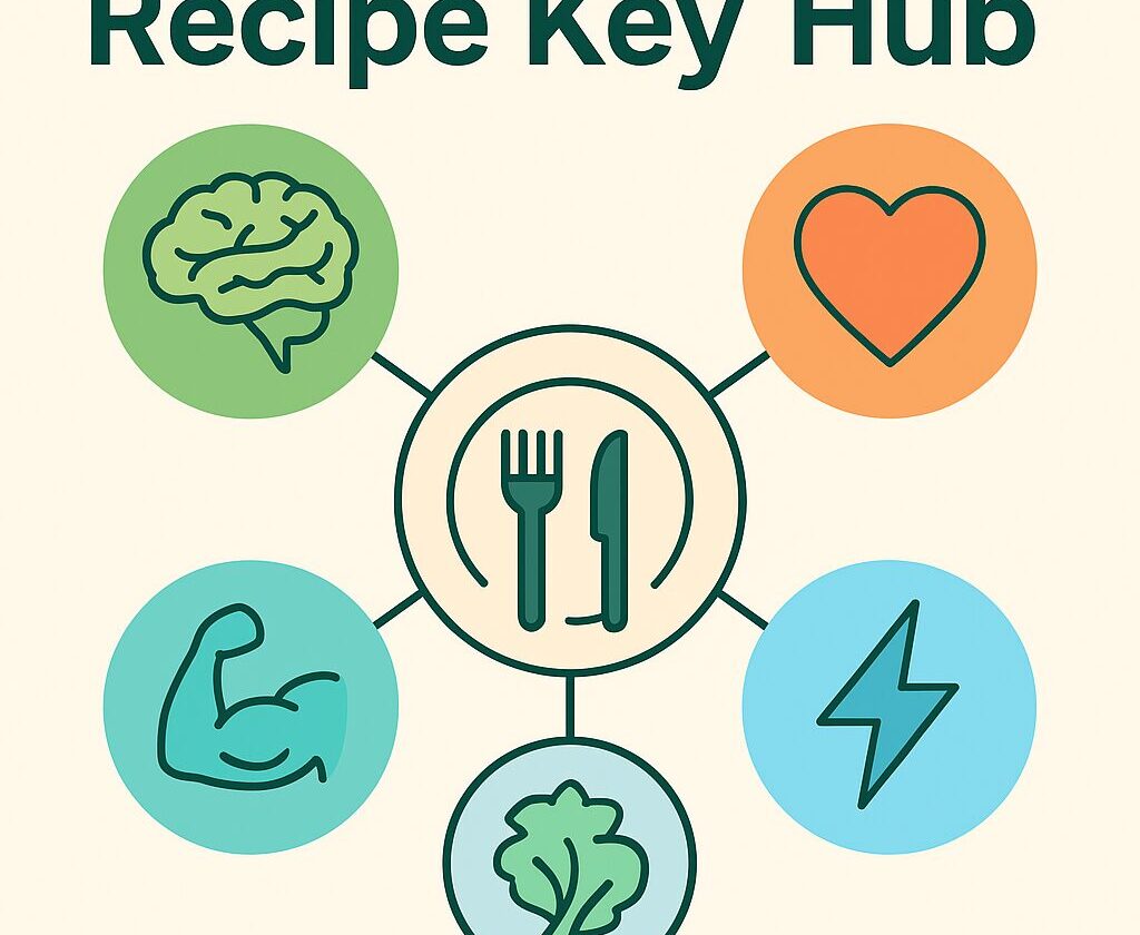 Recipe Key Hub infographic displaying icons for heart health, brain health, blood sugar balance, aging well, and energy, connecting vibrant wellness categories