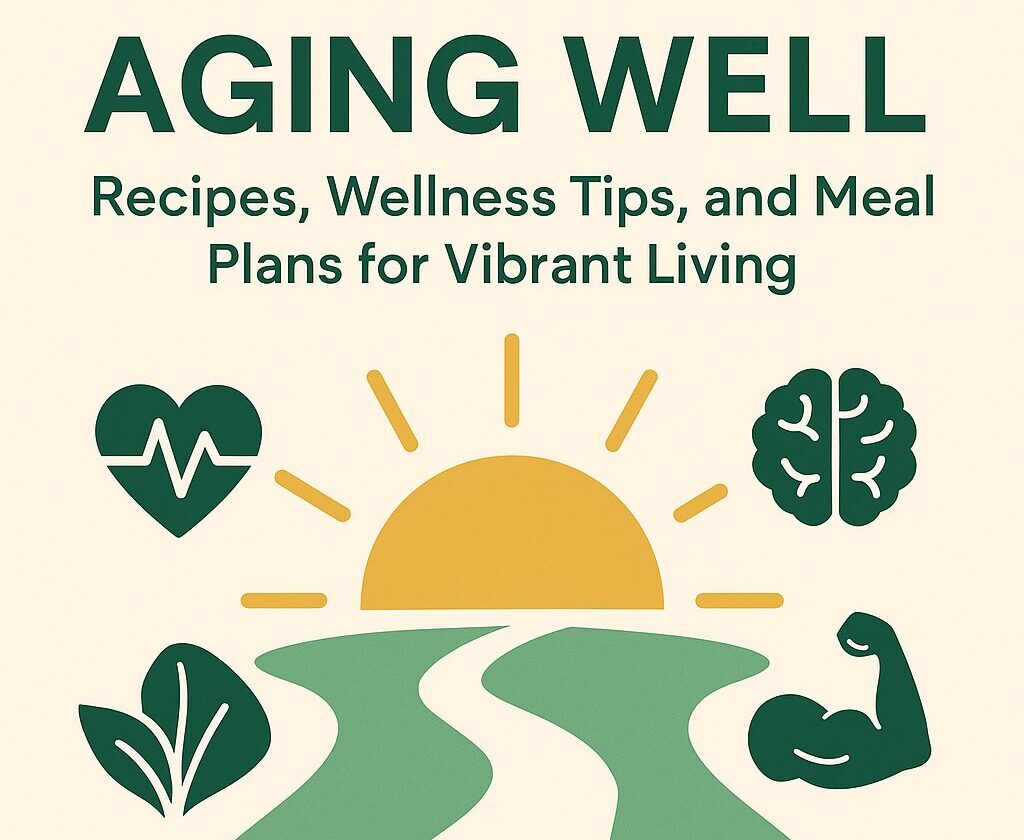 Digital illustration promoting healthy aging with vibrant colors, a rising sun, and symbols of vitality and wellness
