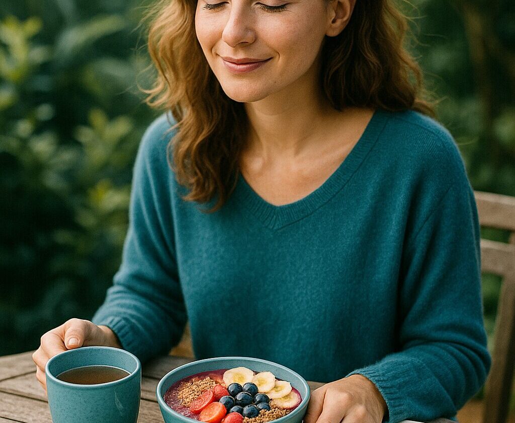 Relaxed, vibrant lifestyle scene promoting brain health and mood boosting recipes through nourishing foods and mindful living