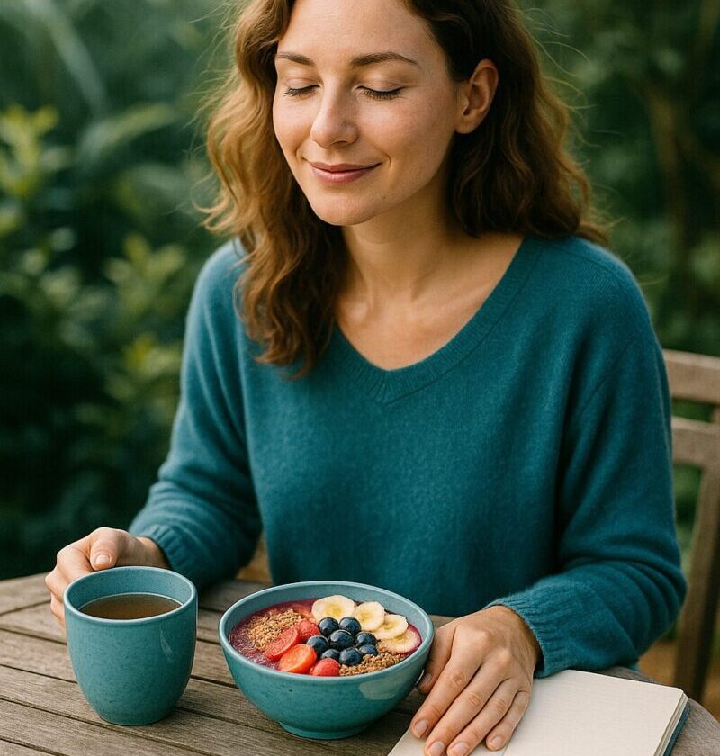Relaxed, vibrant lifestyle scene promoting brain health and mood boosting recipes through nourishing foods and mindful living