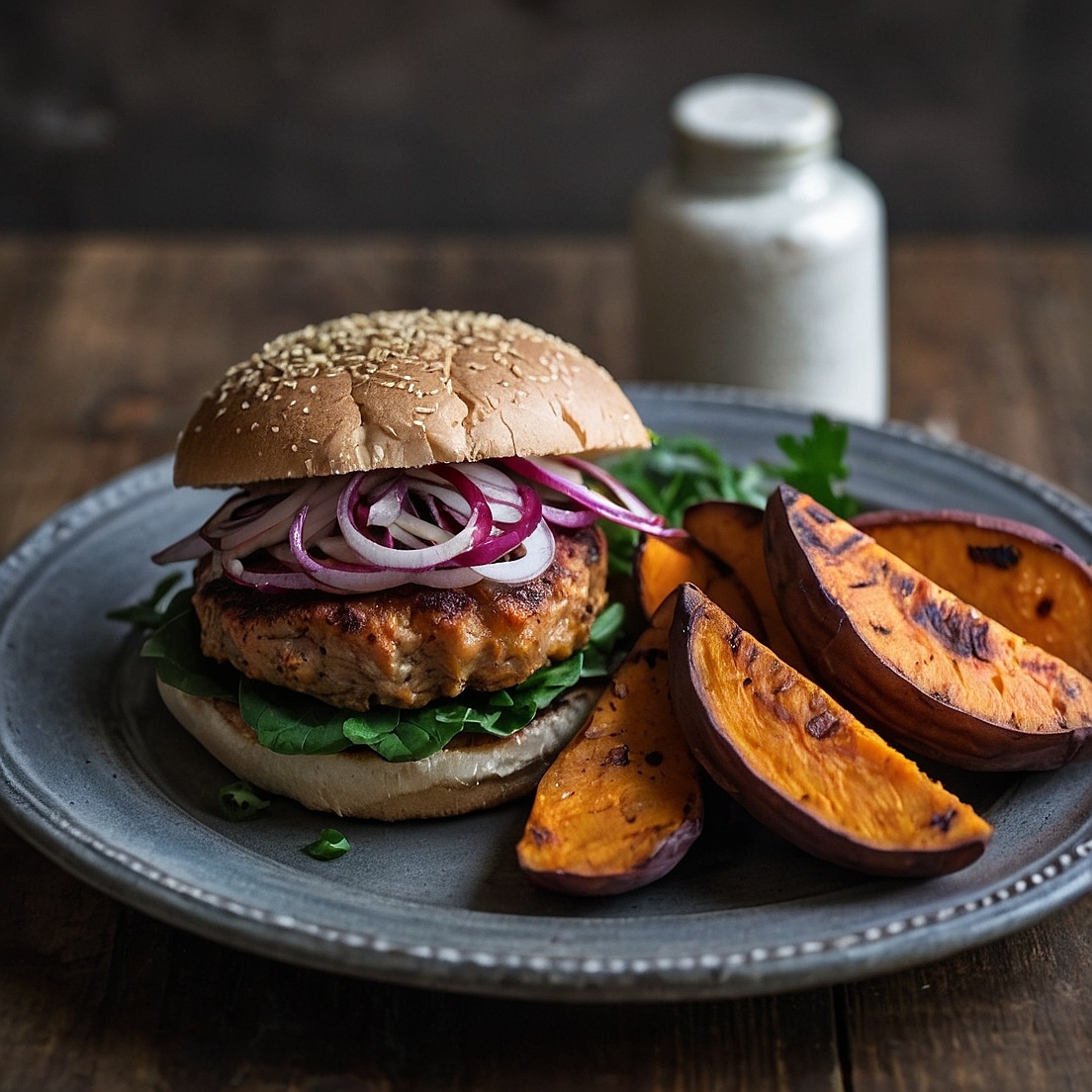 Spiced turkey smash burger with roasted garlic sweet potato wedges – low sodium, blood sugar-friendly comfort food
