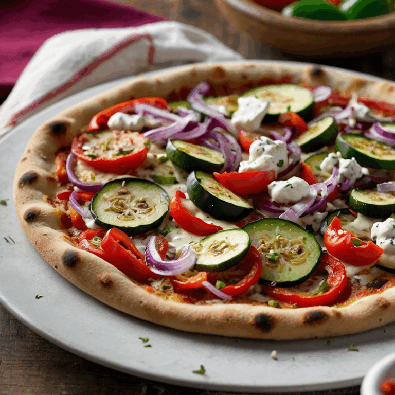 Flatbread pizza with roasted vegetables and white bean spread on a cutting board