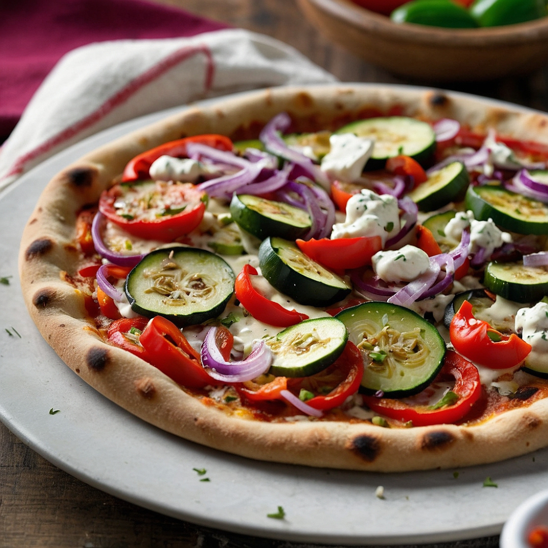 Flatbread pizza with roasted vegetables and white bean spread on a cutting board