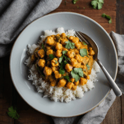 Creamy coconut chickpea curry in a bowl with cauliflower rice