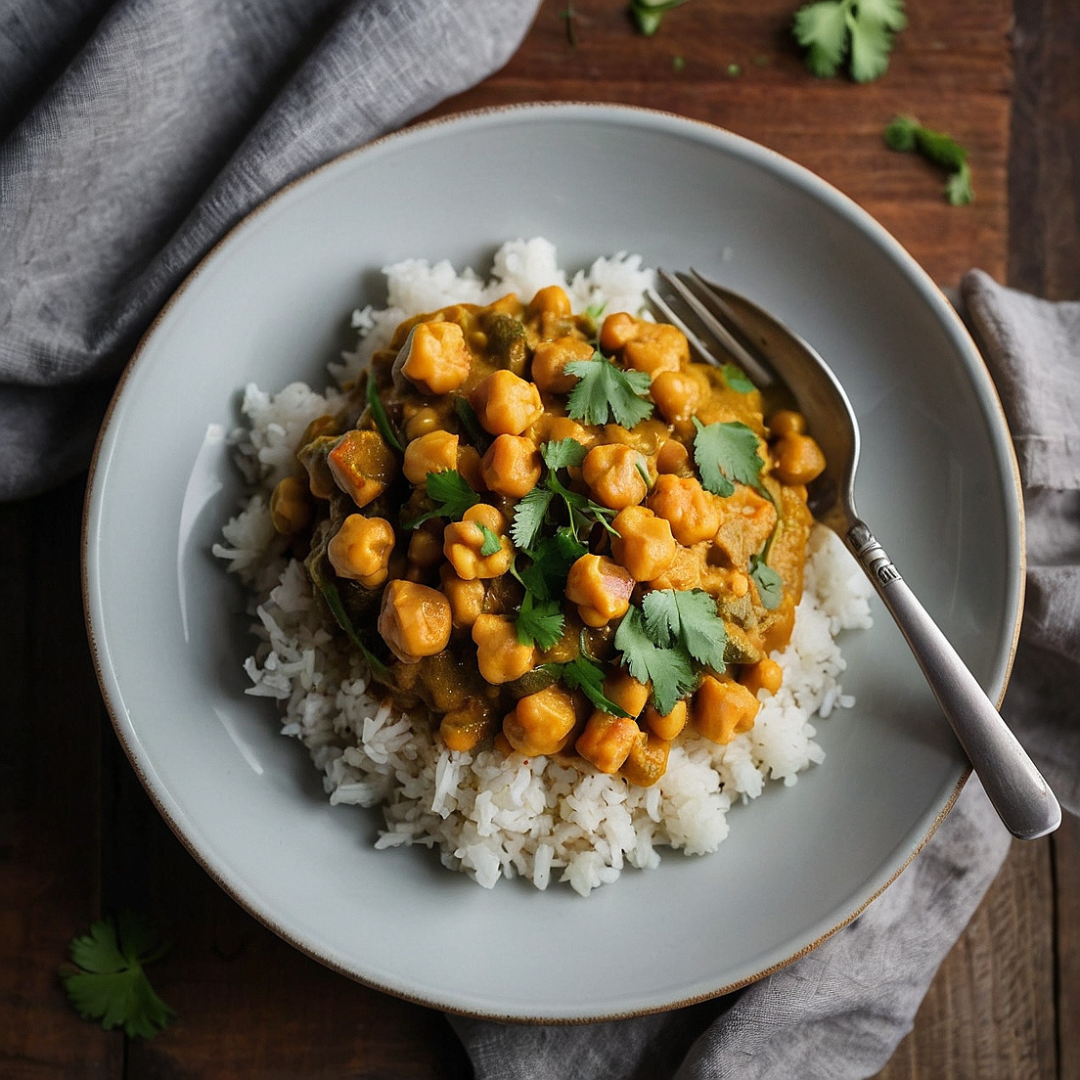 Creamy coconut chickpea curry in a bowl with cauliflower rice