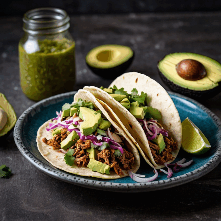 Turkey tacos with avocado salsa and red cabbage slaw on a plate