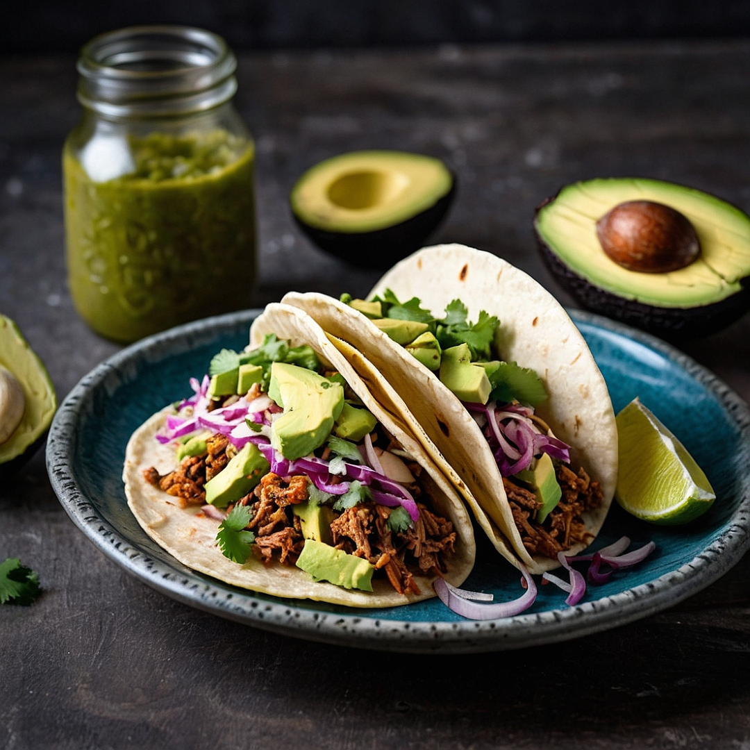 Turkey tacos with avocado salsa and red cabbage slaw on a plate