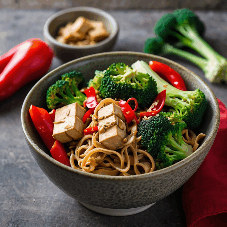 Bowl of peanut noodles with tofu, broccoli, and red bell peppers